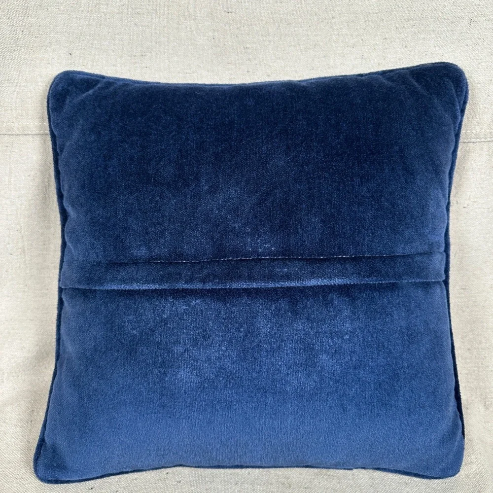 Vintage Blue Floral Needlepoint Throw Pillow Velvet Back 13x13 Square Cushion